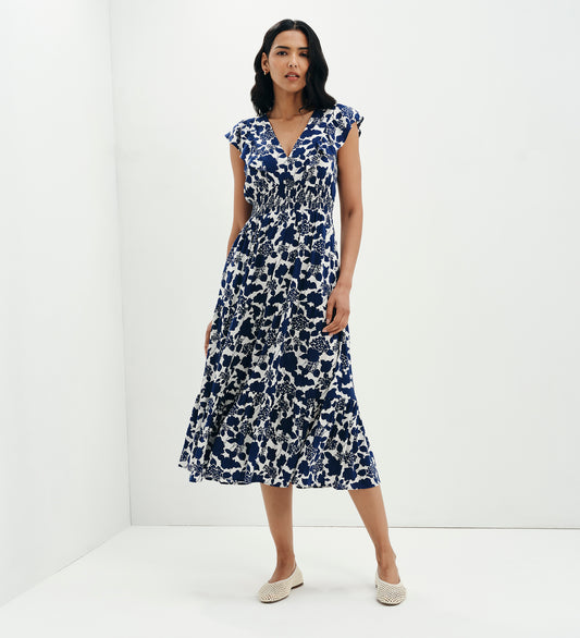Mattie Navy Floral Frill Sleeve Empire Waist Tiered Midi Dress