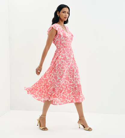 Mattie Pink Floral Frill Sleeve Empire Waist Tiered Midi Dress
