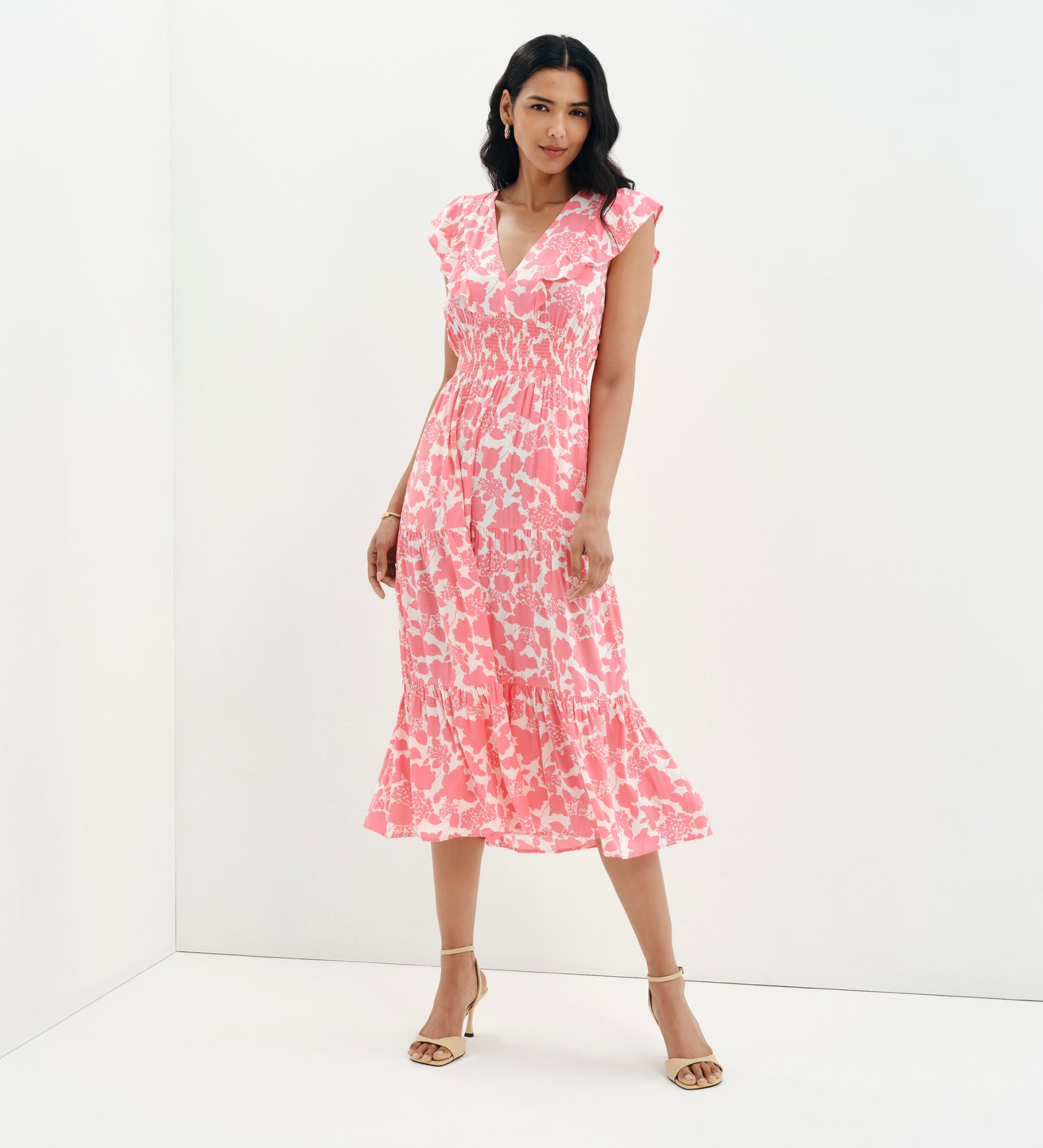 Mattie Pink Floral Frill Sleeve Empire Waist Tiered Midi Dress