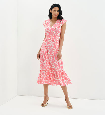 Mattie Pink Floral Frill Sleeve Empire Waist Tiered Midi Dress