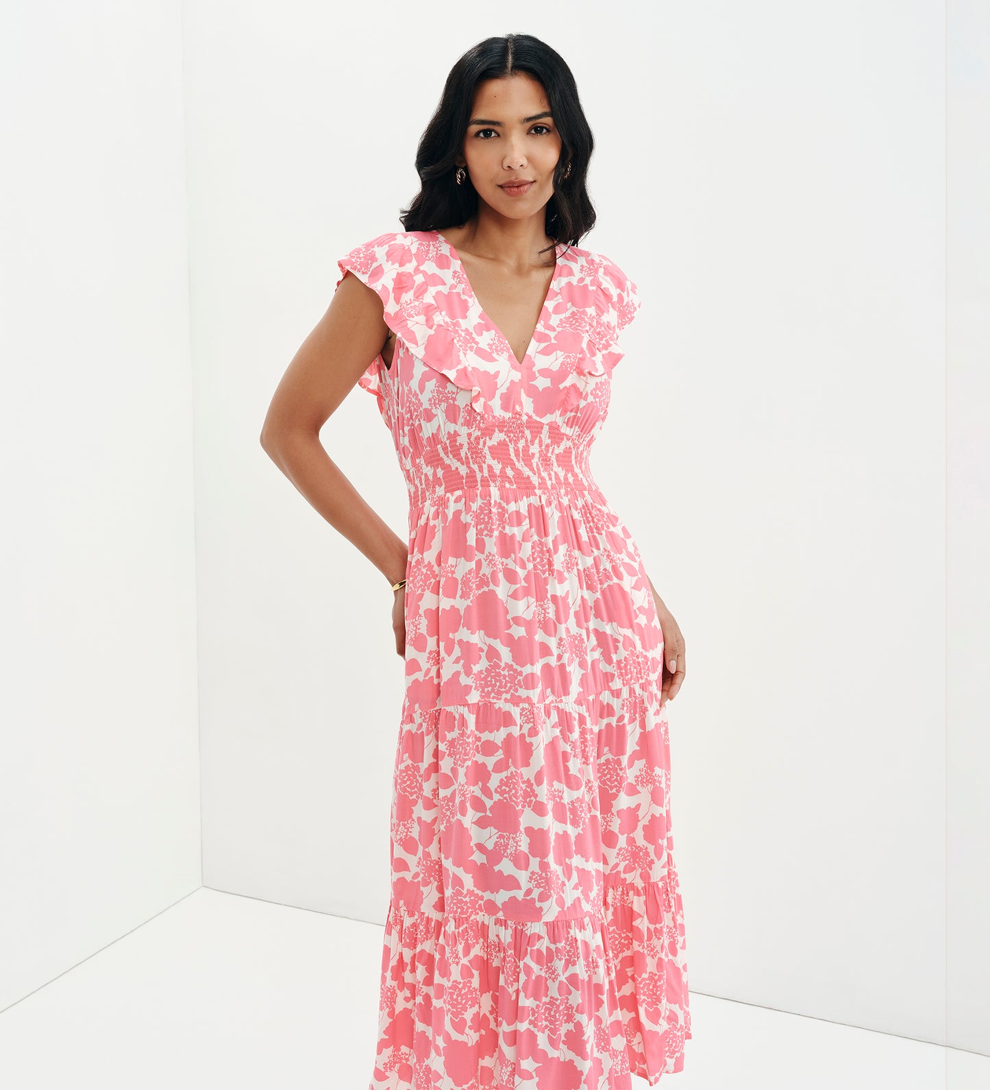 Mattie Pink Floral Frill Sleeve Empire Waist Tiered Midi Dress
