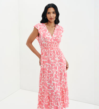 Mattie Pink Floral Frill Sleeve Empire Waist Tiered Midi Dress
