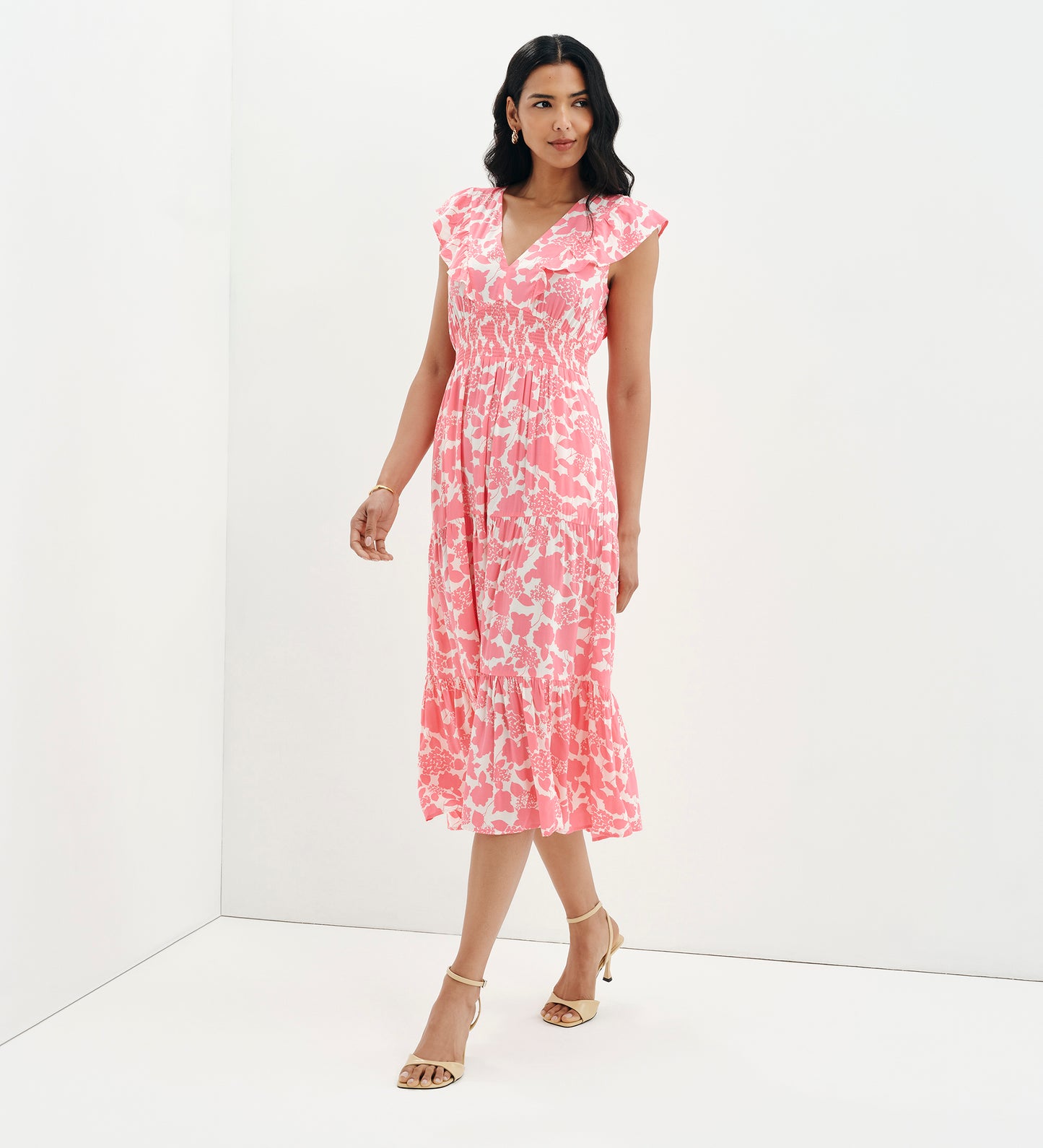 Mattie Pink Floral Frill Sleeve Empire Waist Tiered Midi Dress