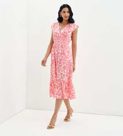 Mattie Pink Floral Frill Sleeve Empire Waist Tiered Midi Dress