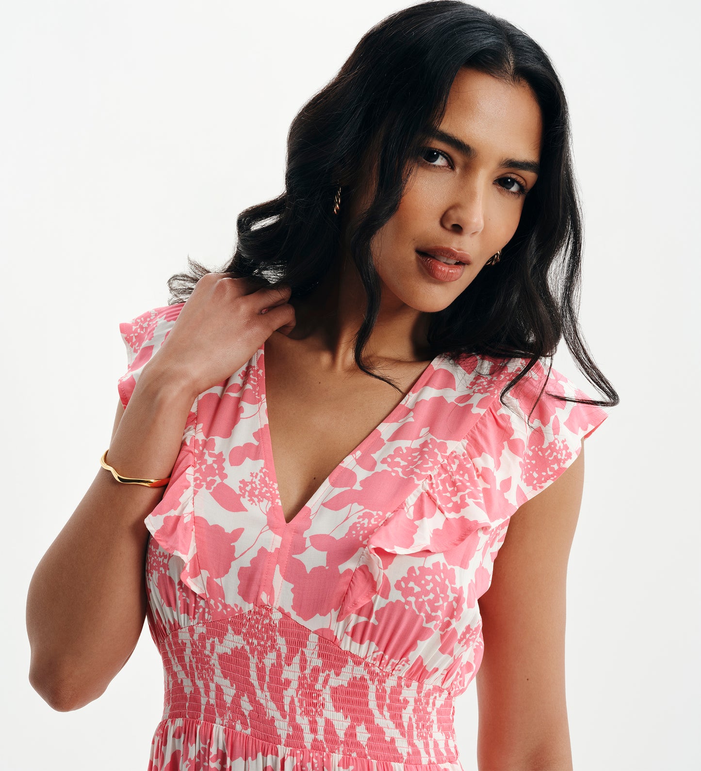 Mattie Pink Floral Frill Sleeve Empire Waist Tiered Midi Dress