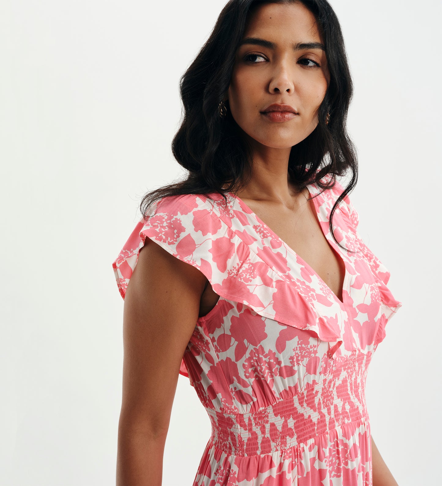 Mattie Pink Floral Frill Sleeve Empire Waist Tiered Midi Dress
