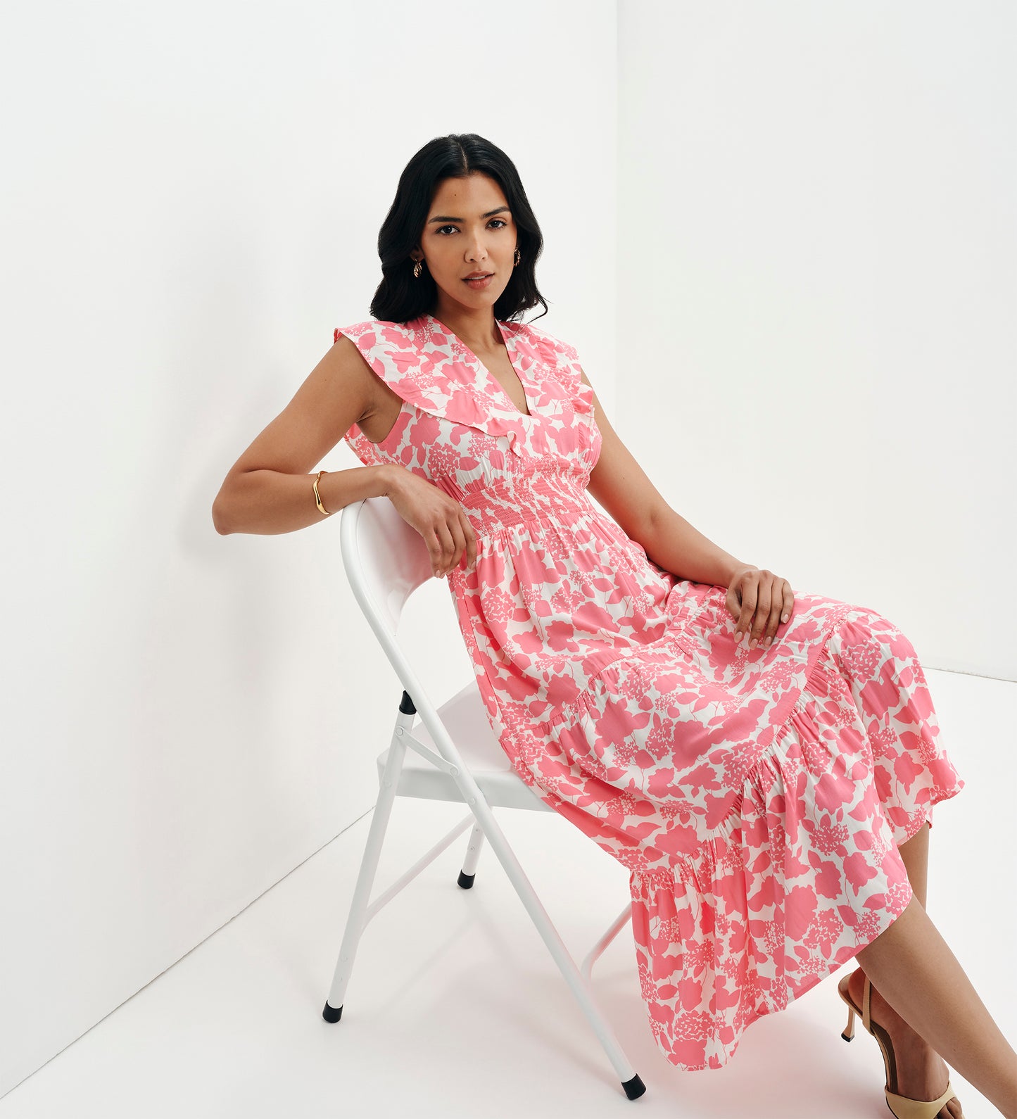 Mattie Pink Floral Frill Sleeve Empire Waist Tiered Midi Dress