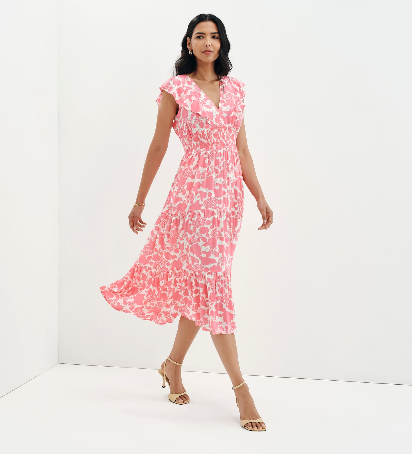Mattie Pink Floral Frill Sleeve Empire Waist Tiered Midi Dress