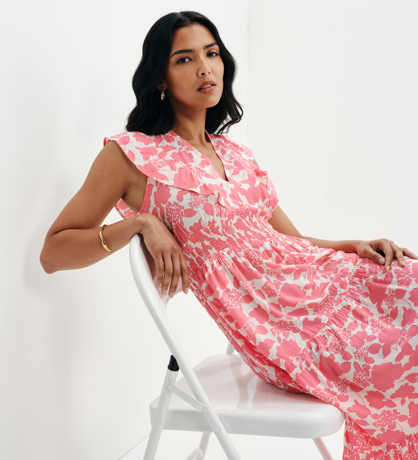 Mattie Pink Floral Frill Sleeve Empire Waist Tiered Midi Dress