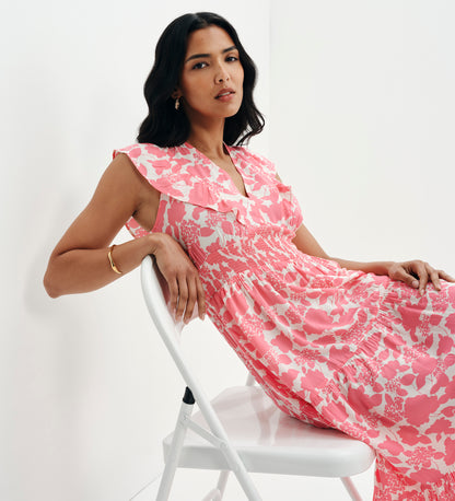 Mattie Pink Floral Frill Sleeve Empire Waist Tiered Midi Dress