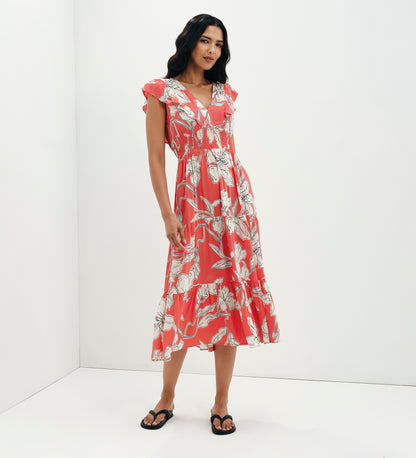 Mattie Red Floral Frill Sleeve Empire Waist Tiered Midi Dress