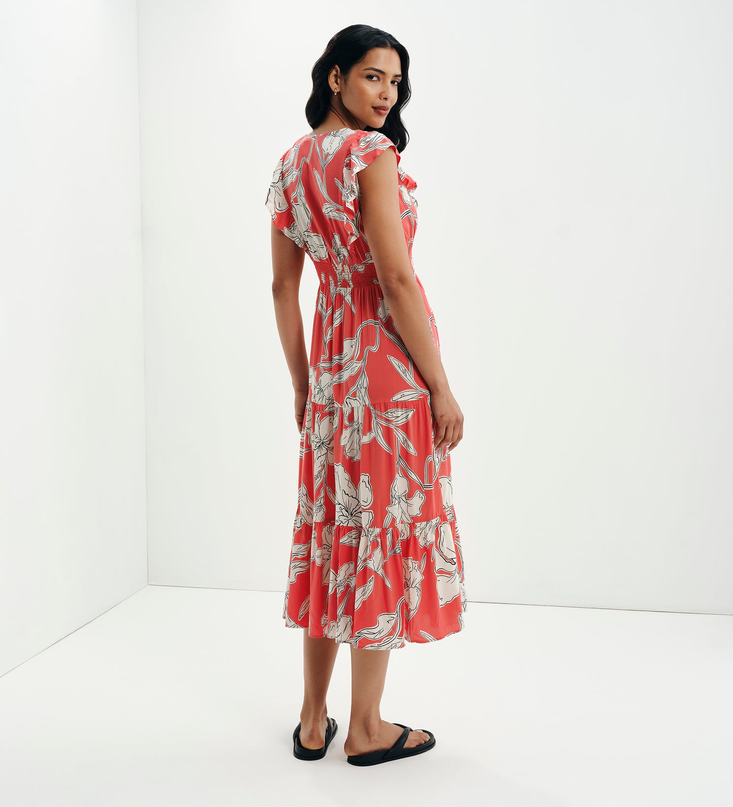 Mattie Red Floral Frill Sleeve Empire Waist Tiered Midi Dress