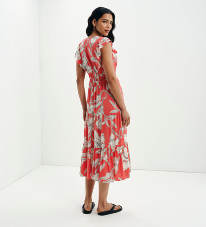 Mattie Red Floral Frill Sleeve Empire Waist Tiered Midi Dress