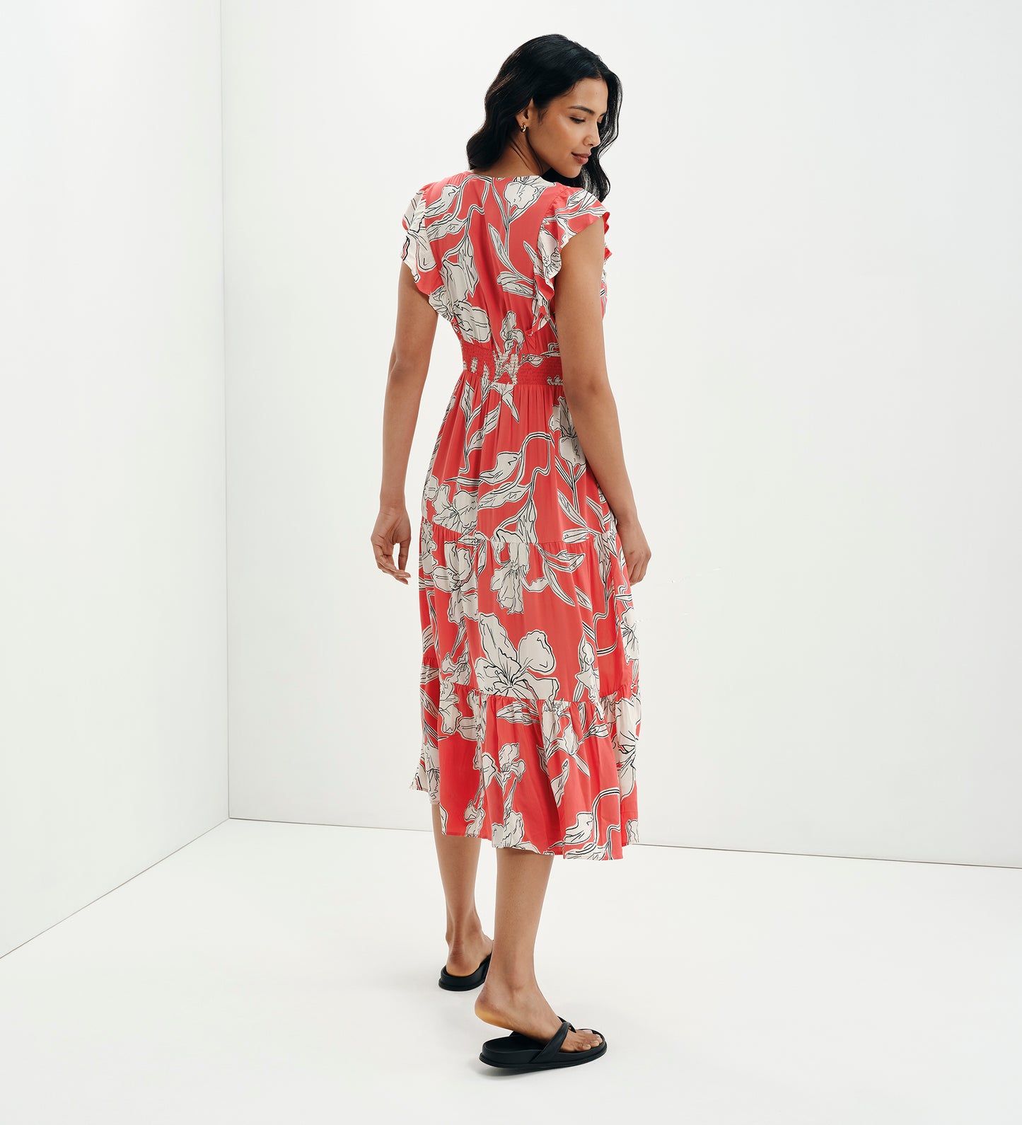 Mattie Red Floral Frill Sleeve Empire Waist Tiered Midi Dress