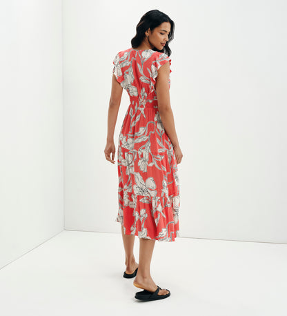 Mattie Red Floral Frill Sleeve Empire Waist Tiered Midi Dress
