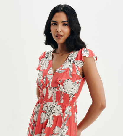 Mattie Red Floral Frill Sleeve Empire Waist Tiered Midi Dress