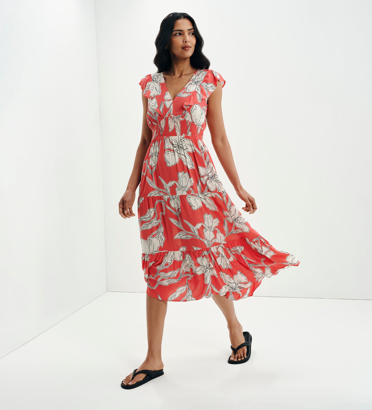 Mattie Red Floral Frill Sleeve Empire Waist Tiered Midi Dress