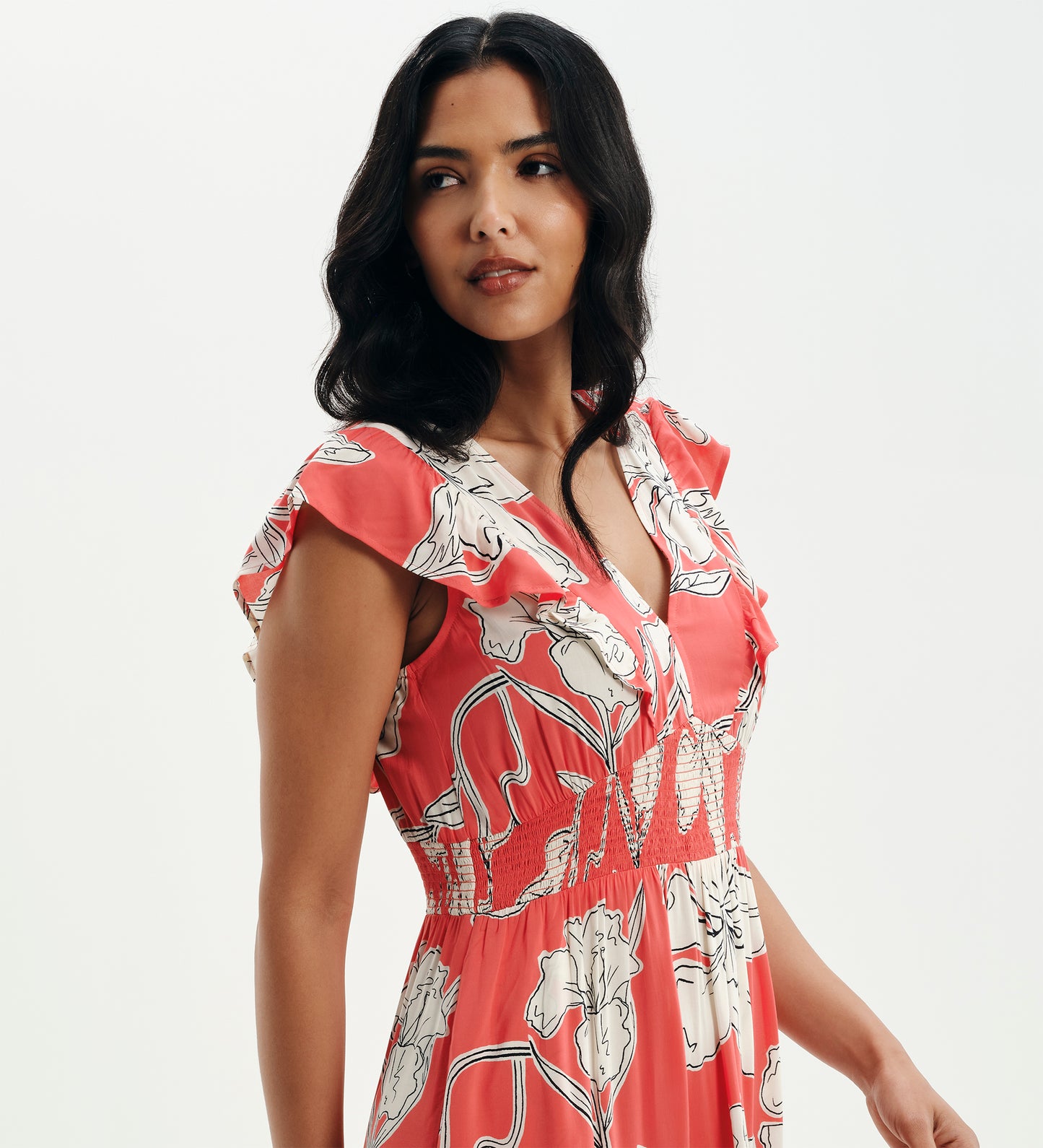 Mattie Red Floral Frill Sleeve Empire Waist Tiered Midi Dress