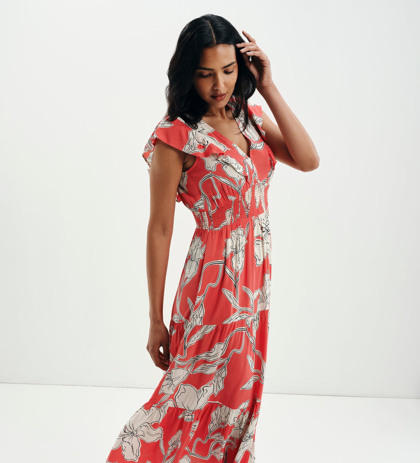 Mattie Red Floral Frill Sleeve Empire Waist Tiered Midi Dress