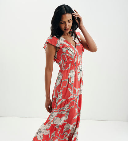 Mattie Red Floral Frill Sleeve Empire Waist Tiered Midi Dress