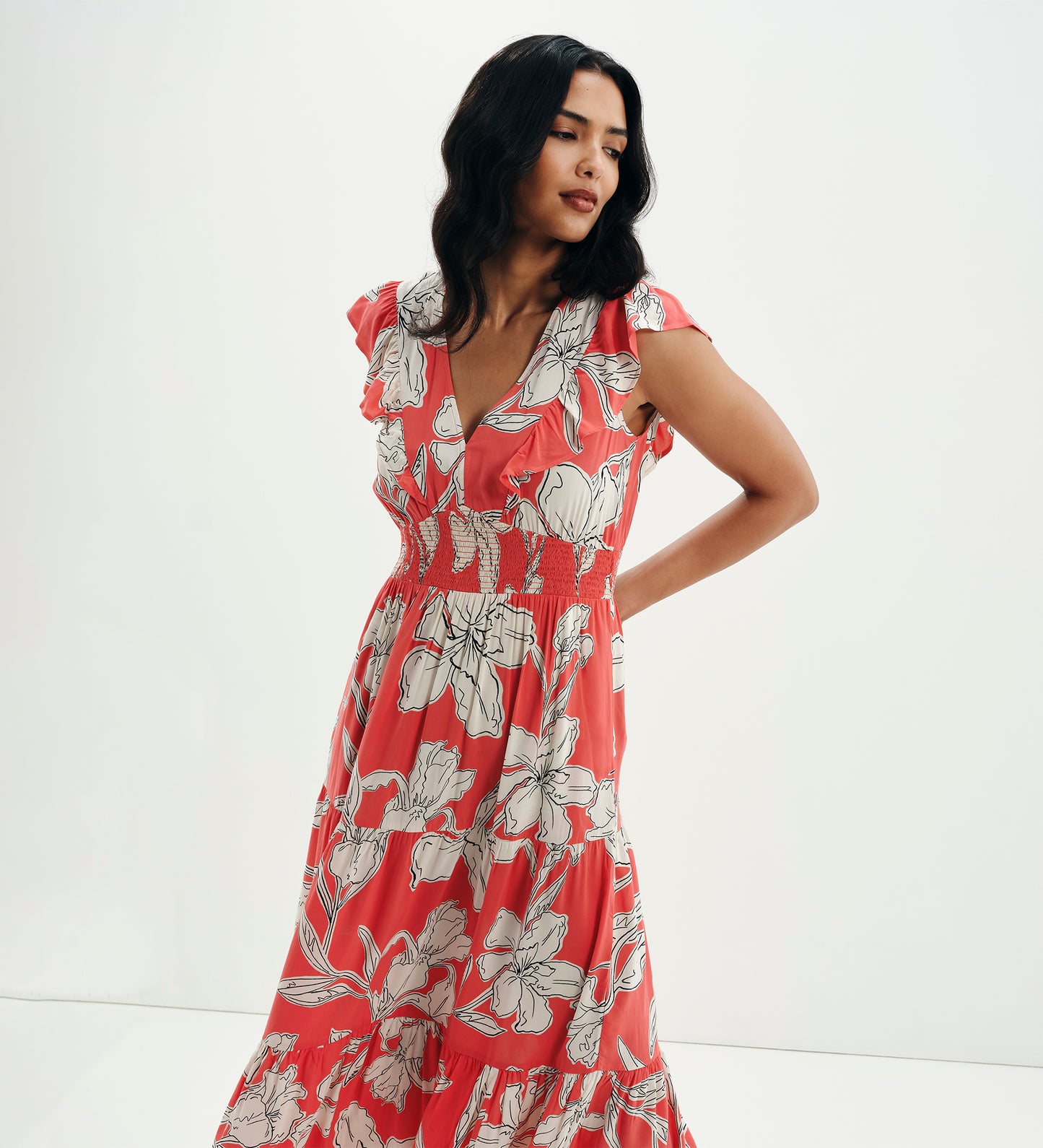 Mattie Red Floral Frill Sleeve Empire Waist Tiered Midi Dress