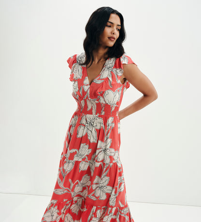 Mattie Red Floral Frill Sleeve Empire Waist Tiered Midi Dress