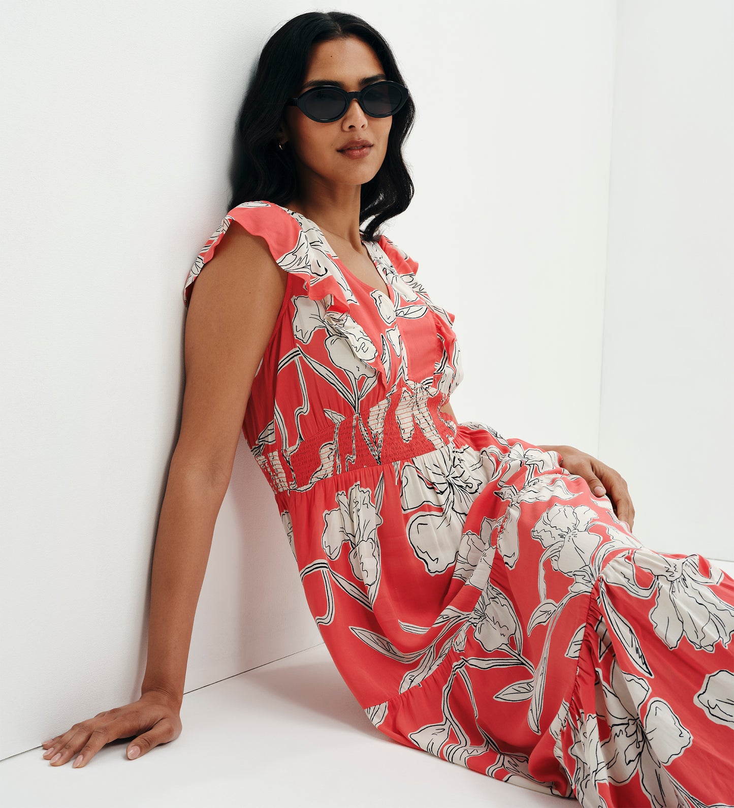 Mattie Red Floral Frill Sleeve Empire Waist Tiered Midi Dress