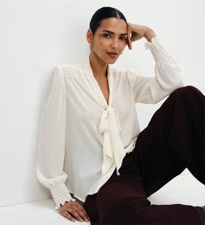 Mavis Ivory Pussy Bow Button-Through Blouse