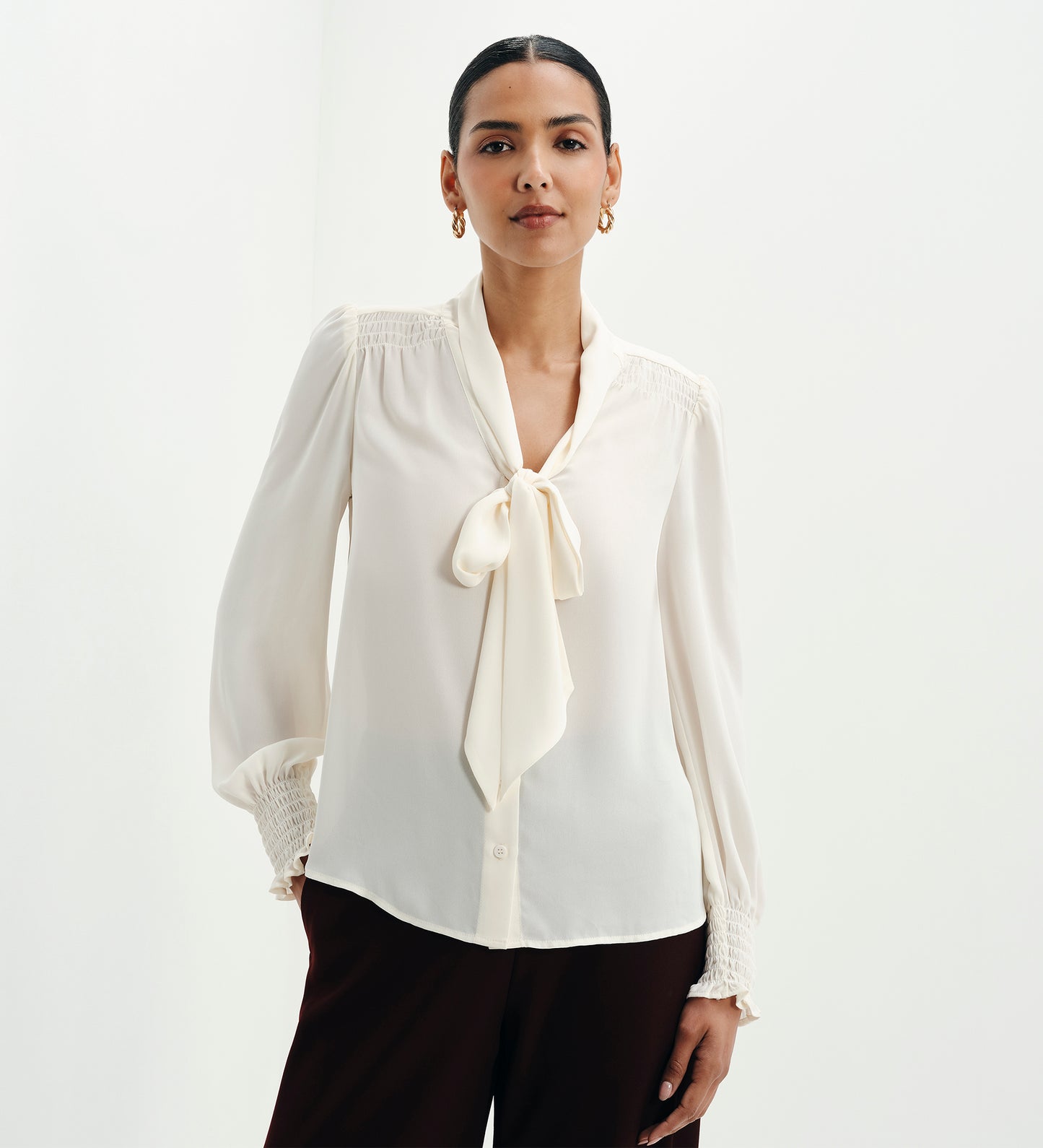 Mavis Ivory Pussy Bow Button-Through Blouse