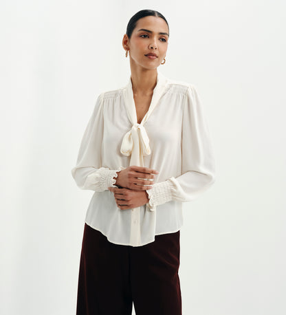 Mavis Ivory Pussy Bow Button-Through Blouse
