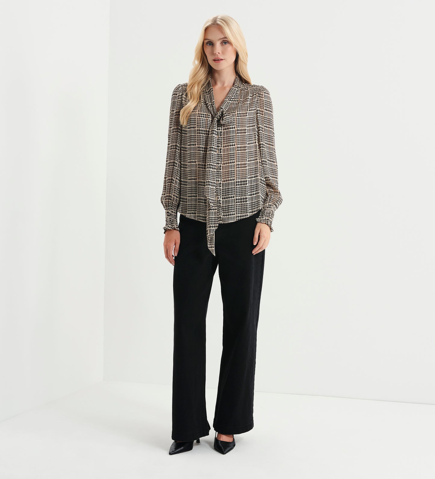 Mavis Beige Houndstooth Pussy Bow Button-Through Chiffon Blouse