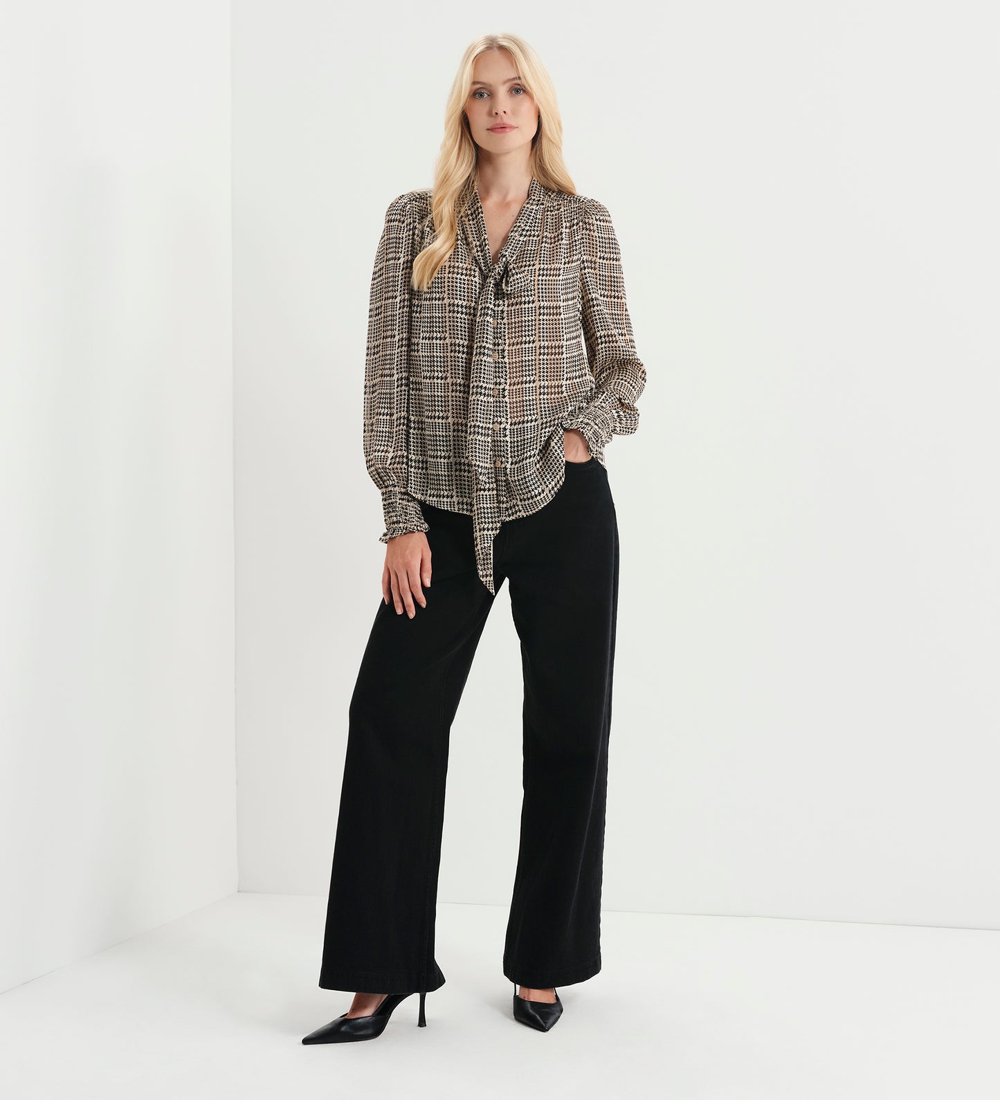 Mavis Beige Houndstooth Pussy Bow Button-Through Chiffon Blouse