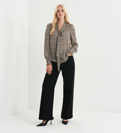 Mavis Beige Houndstooth Pussy Bow Button-Through Chiffon Blouse