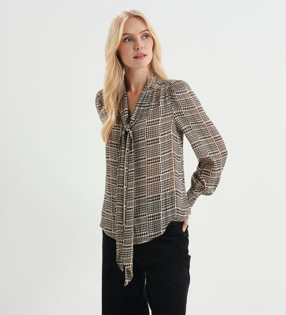Mavis Beige Houndstooth Pussy Bow Button-Through Chiffon Blouse