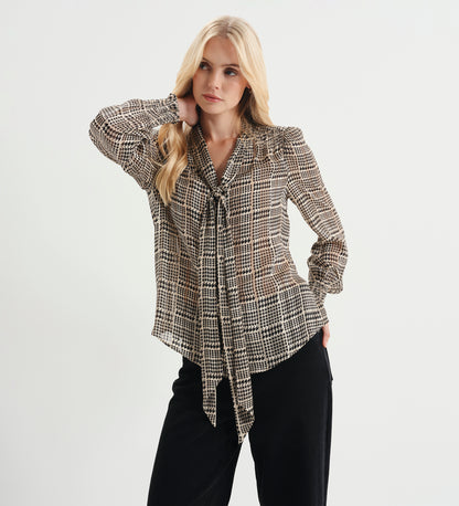 Mavis Beige Houndstooth Pussy Bow Button-Through Chiffon Blouse