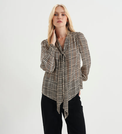 Mavis Beige Houndstooth Pussy Bow Button-Through Chiffon Blouse