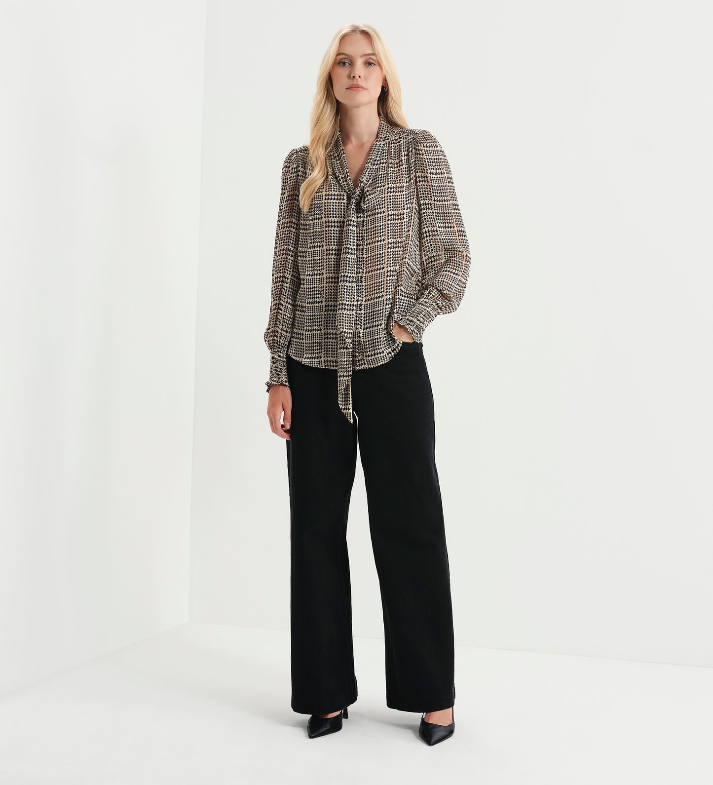 Mavis Beige Houndstooth Pussy Bow Button-Through Chiffon Blouse