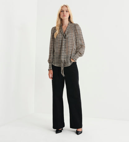 Mavis Beige Houndstooth Pussy Bow Button-Through Chiffon Blouse