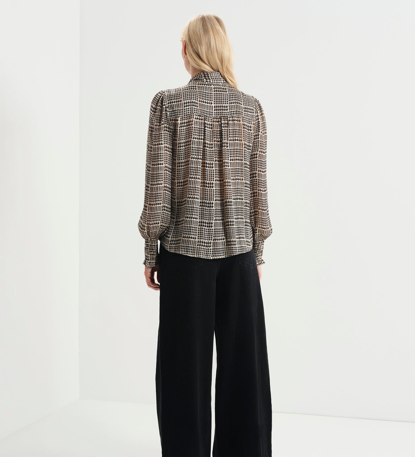 Mavis Beige Houndstooth Pussy Bow Button-Through Chiffon Blouse