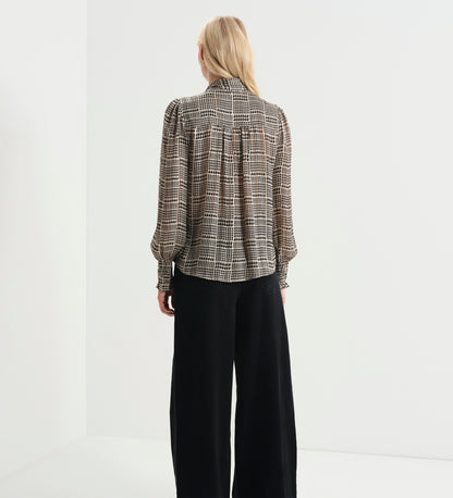 Mavis Beige Houndstooth Pussy Bow Button-Through Chiffon Blouse