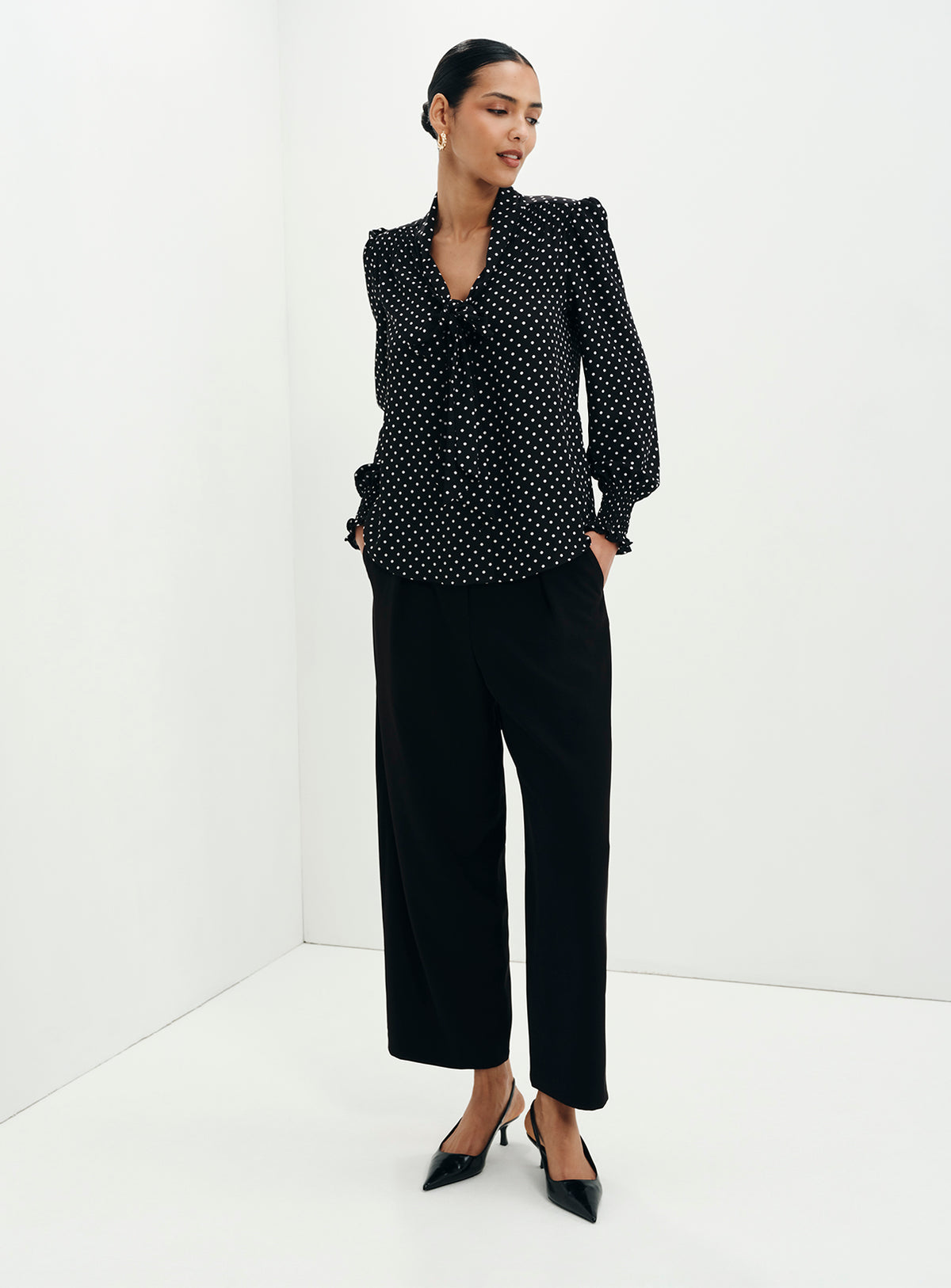 Mavis Black Polka Dot Pussy Bow Blouson Sleeve Blouse