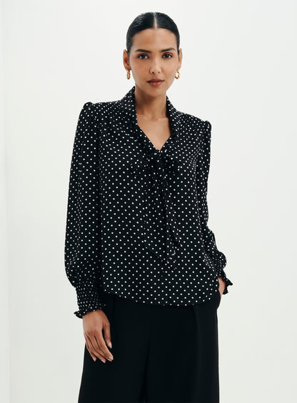 Mavis Black Polka Dot Pussy Bow Blouson Sleeve Blouse