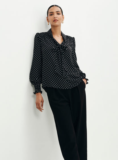 Mavis Black Polka Dot Pussy Bow Blouson Sleeve Blouse
