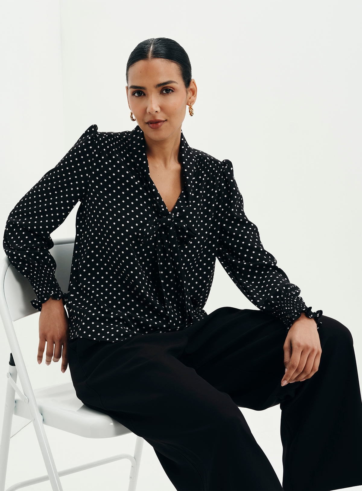 Mavis Black Polka Dot Pussy Bow Blouson Sleeve Blouse