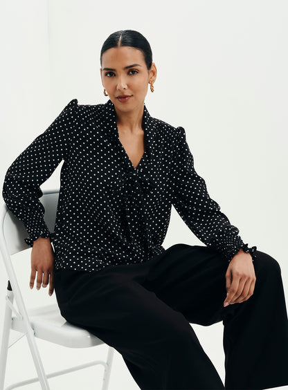 Mavis Black Polka Dot Pussy Bow Blouson Sleeve Blouse