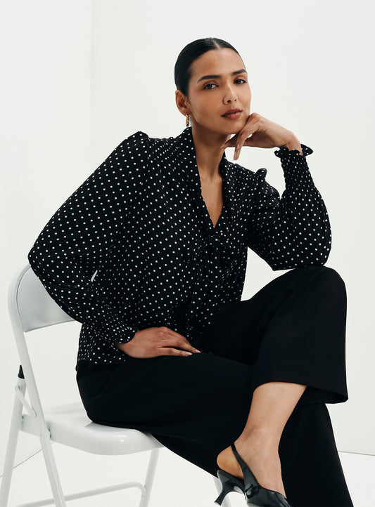 Mavis Black Polka Dot Pussy Bow Blouson Sleeve Blouse