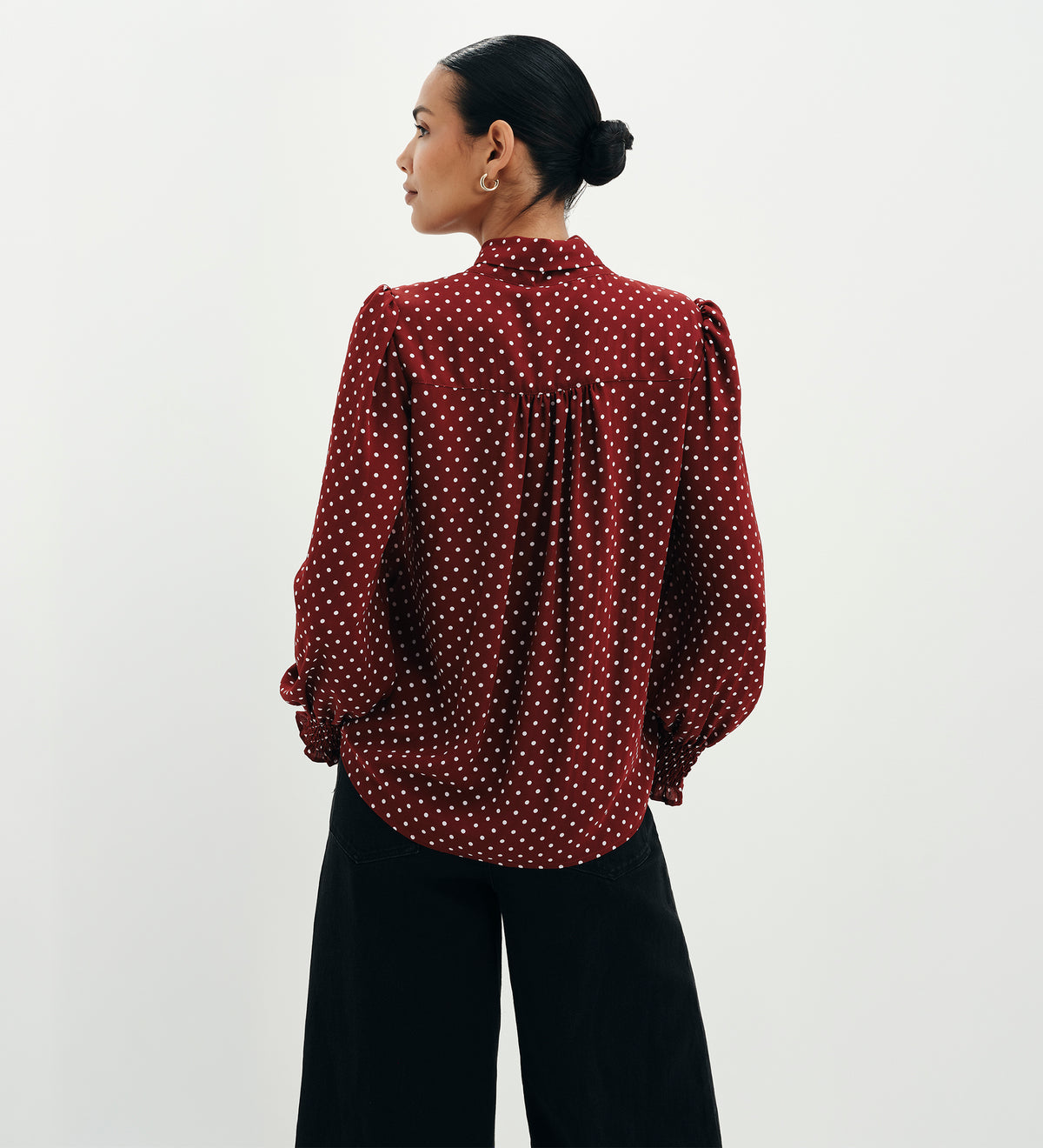 Mavis Burgundy Polka Dot Pussy Bow Blouson Sleeve Blouse