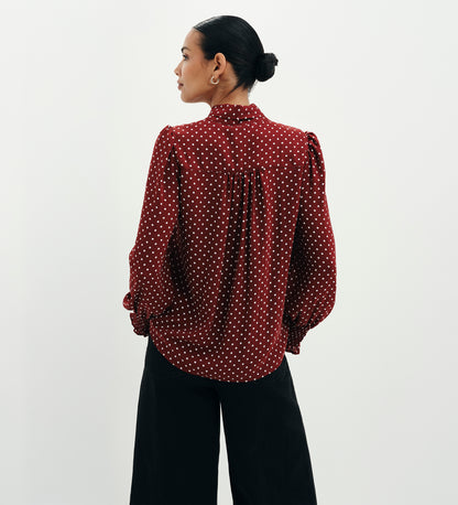 Mavis Burgundy Polka Dot Pussy Bow Blouson Sleeve Blouse