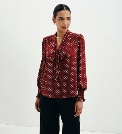 Mavis Burgundy Polka Dot Pussy Bow Blouson Sleeve Blouse