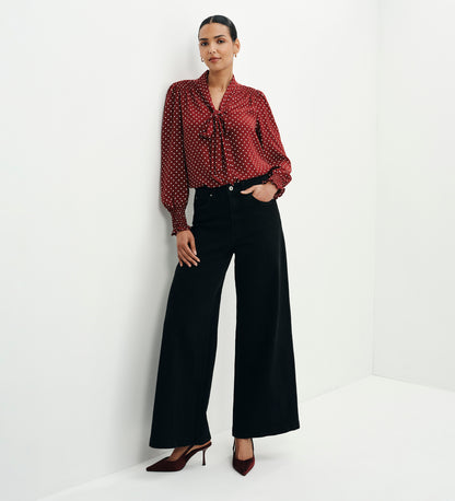 Mavis Burgundy Polka Dot Pussy Bow Blouson Sleeve Blouse
